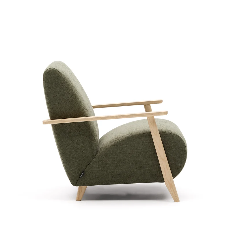 Meghan armchair in green chenille and with solid beech wood in a natural finish FSC Mix Credit