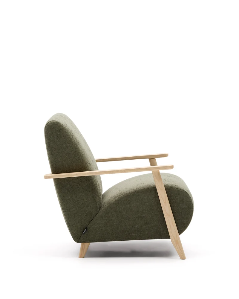 Meghan armchair in green chenille and with solid beech wood in a natural finish FSC Mix Credit
