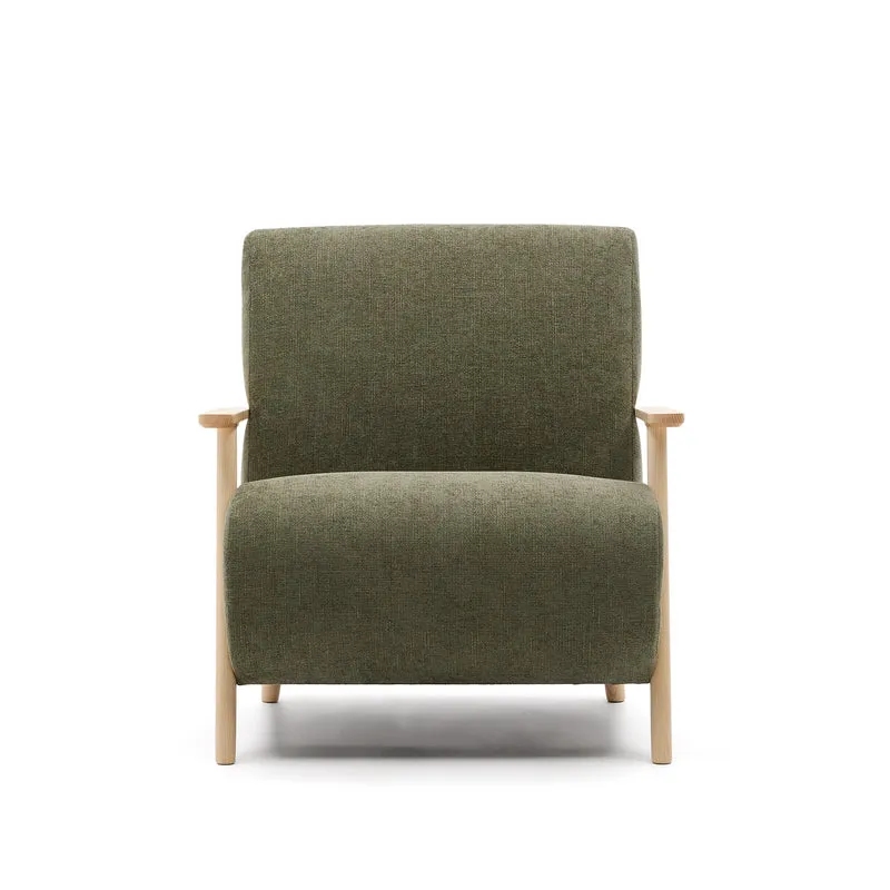 Meghan armchair in green chenille and with solid beech wood in a natural finish FSC Mix Credit