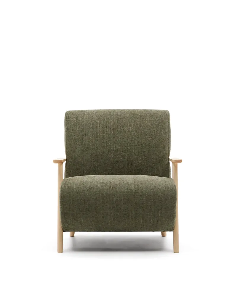 Meghan armchair in green chenille and with solid beech wood in a natural finish FSC Mix Credit