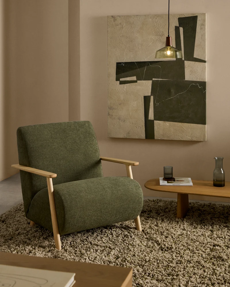 Meghan armchair in green chenille and with solid beech wood in a natural finish FSC Mix Credit