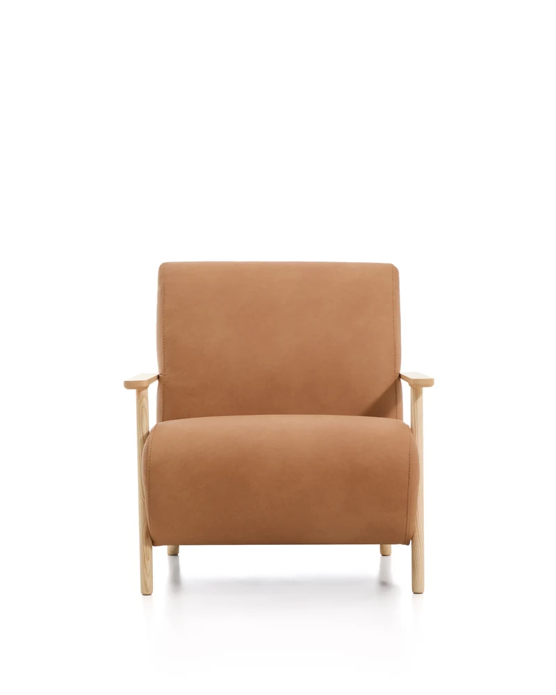 Meghan armchair in brown leather and solid ash wood with natural-coloured finish FSC Mix Credit
