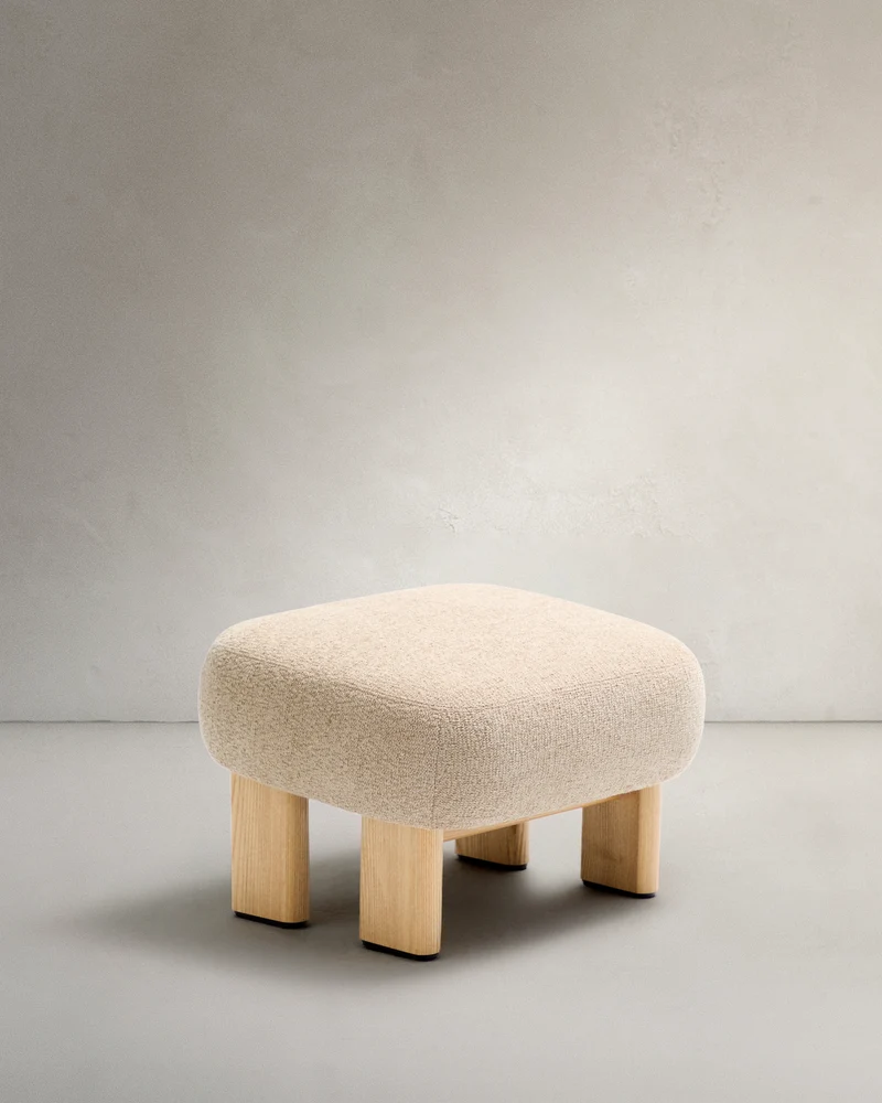 Nema beige chenille footstool with solid ash wood legs natural finish 65x55.4 cm FSC 100%