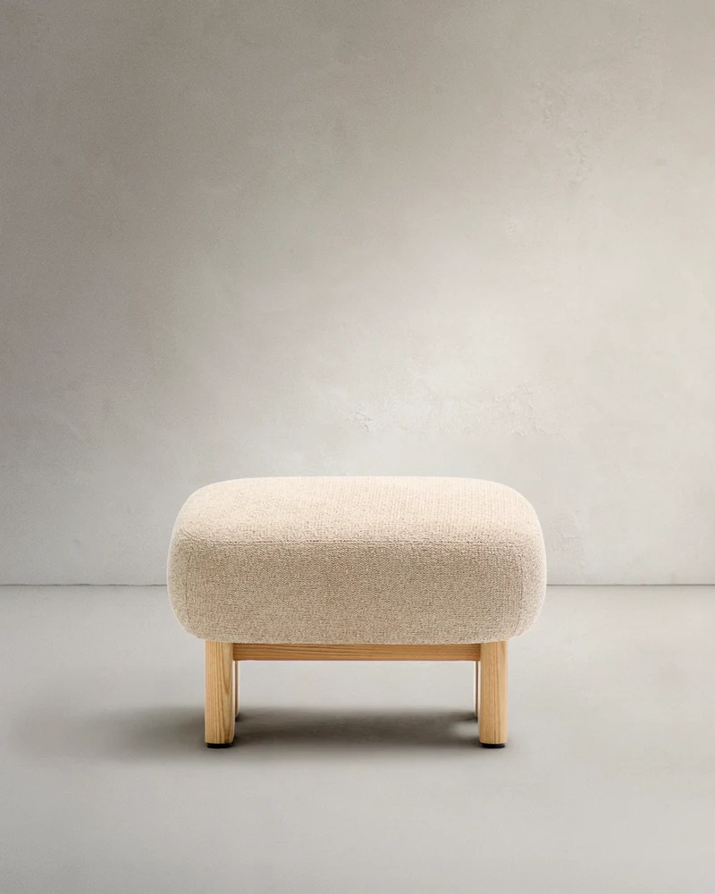 Nema beige chenille footstool with solid ash wood legs natural finish 65x55.4 cm FSC 100%