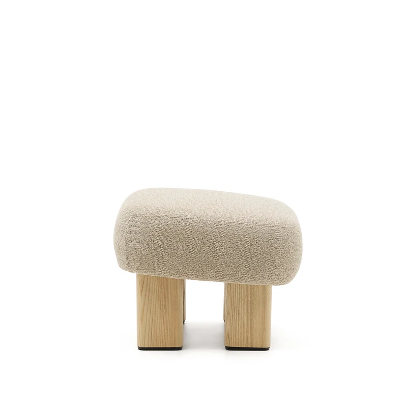 Nema beige chenille footstool with solid ash wood legs natural finish 65x55.4 cm FSC 100%