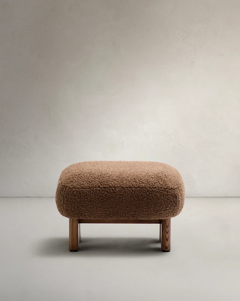 Nema taupe bouclé footstool with solid ash wood legs walnut finish 65x55.4cm FSC 100%