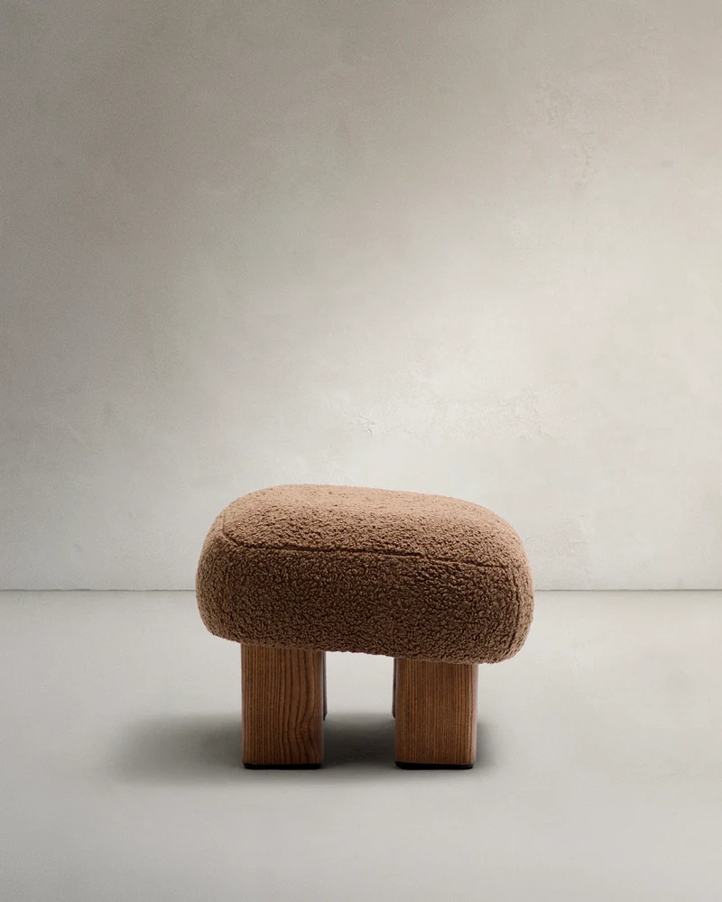 Nema taupe bouclé footstool with solid ash wood legs walnut finish 65x55.4cm FSC 100%