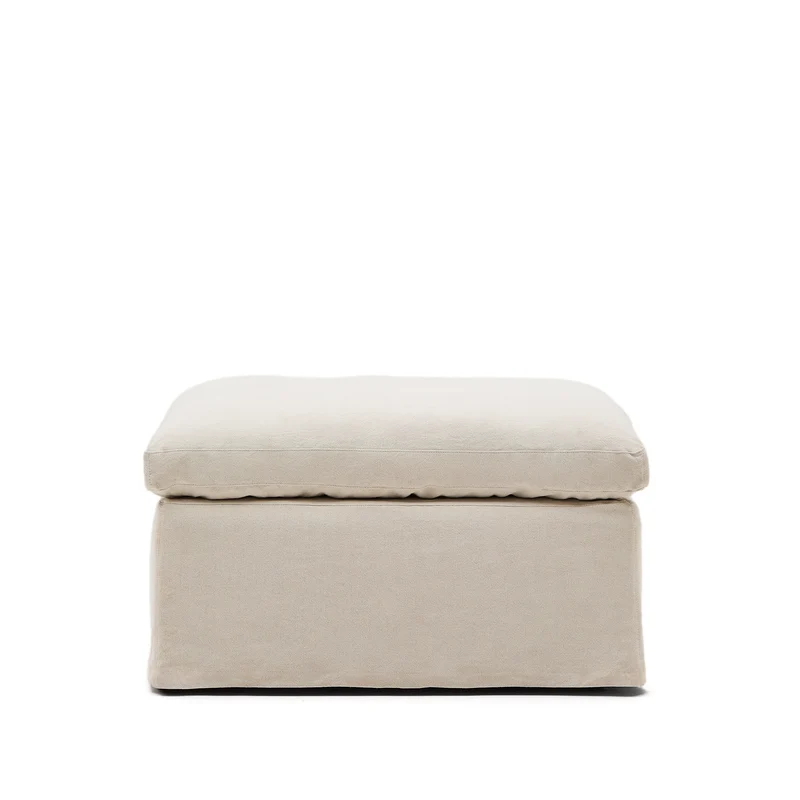 Zenira beige cotton and linen footrest with removable cover and cushion 90 x 90cm