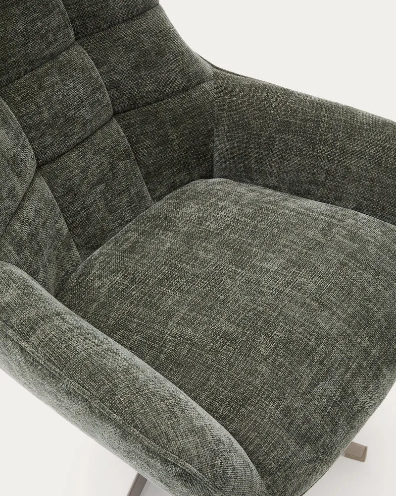 Teryl swivel green chenille armchair with grey-finished metal, FSC 100%