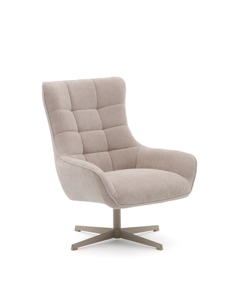 Teryl swivel beige chenille armchair with grey-finished metal, FSC 100%