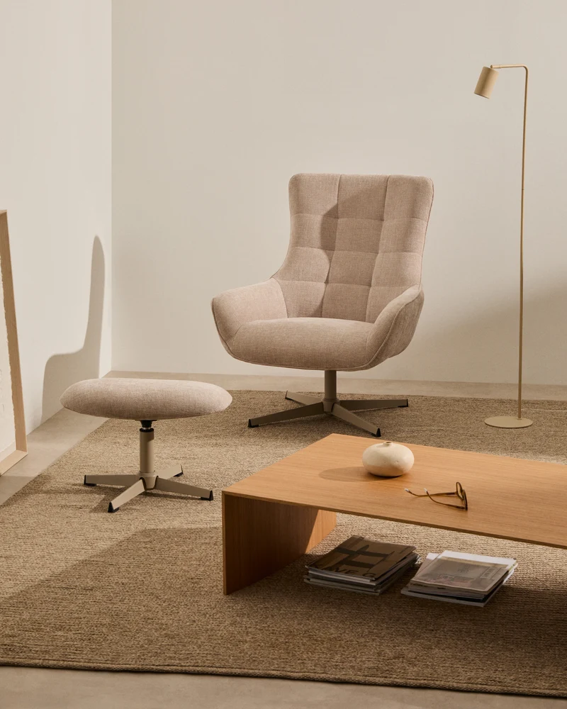 Teryl swivel beige chenille armchair with grey-finished metal, FSC 100%