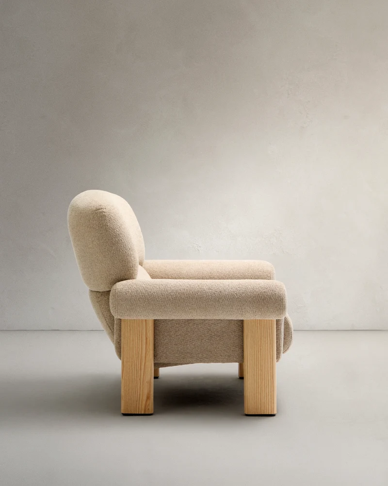 Nema armchair in beige chenille with solid ash wood legs in a natural finish FSC 100%