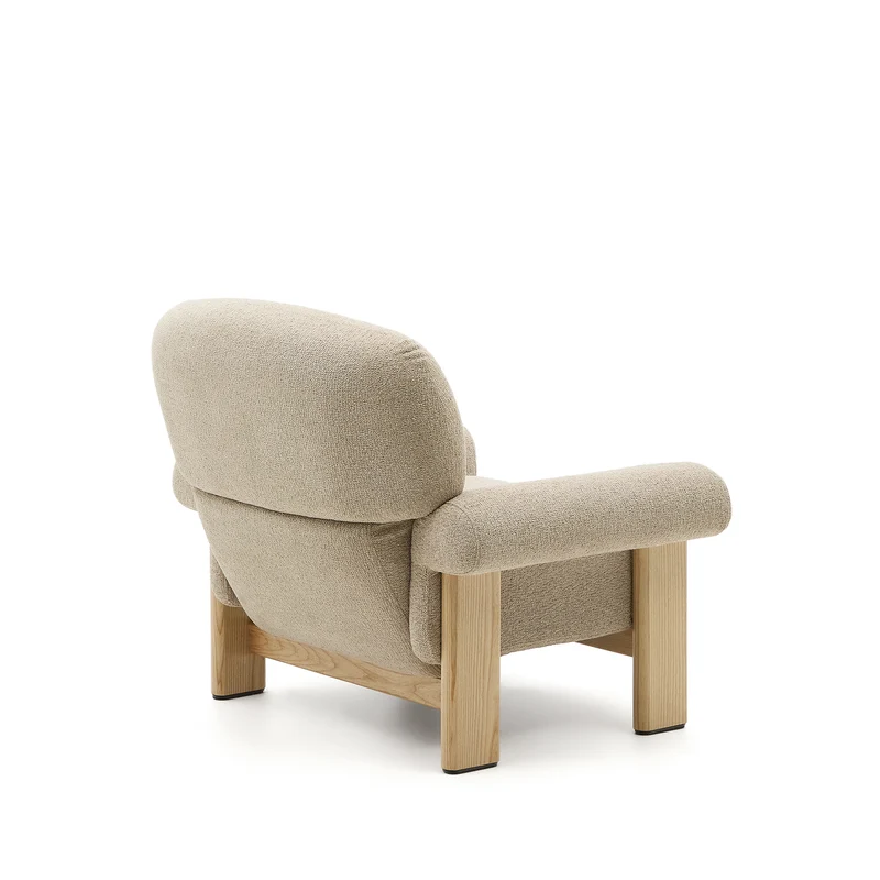 Nema armchair in beige chenille with solid ash wood legs in a natural finish FSC 100%