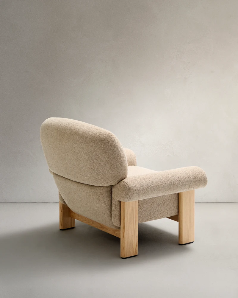 Nema armchair in beige chenille with solid ash wood legs in a natural finish FSC 100%
