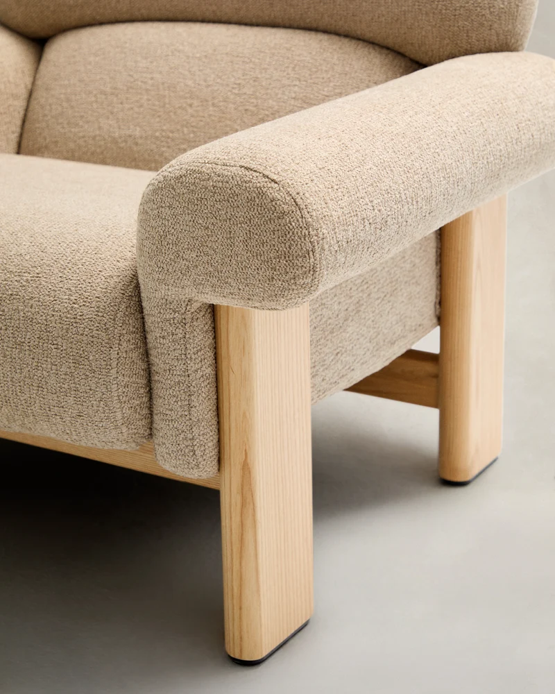 Nema armchair in beige chenille with solid ash wood legs in a natural finish FSC 100%