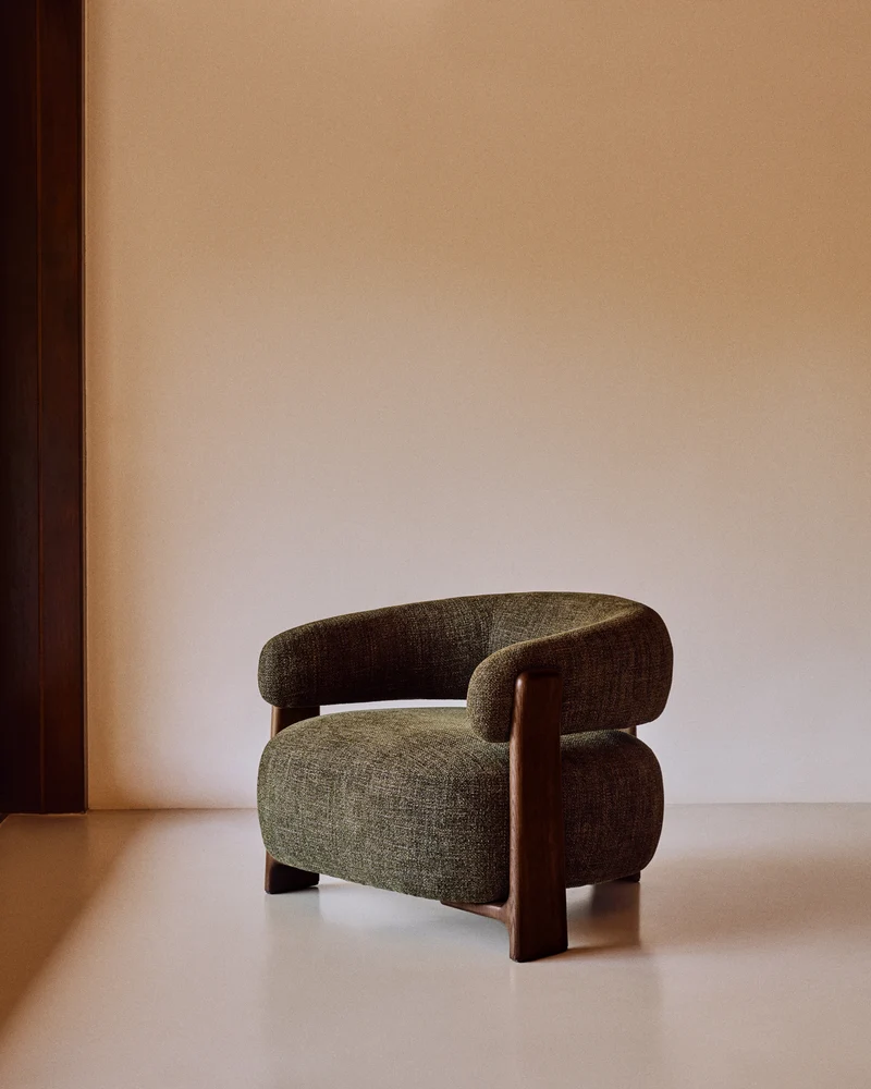 Granite green chenille armchair with solid ash wood legs in a walnut finish FSC 100%