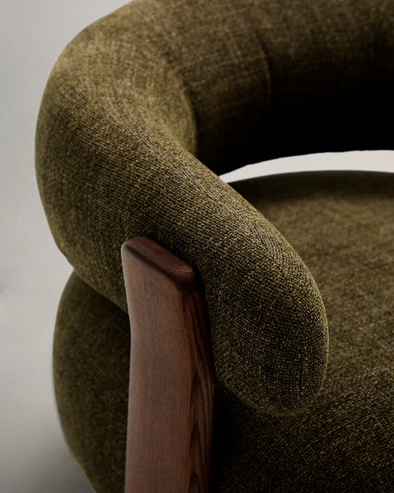 Granite green chenille armchair with solid ash wood legs in a walnut finish FSC 100%