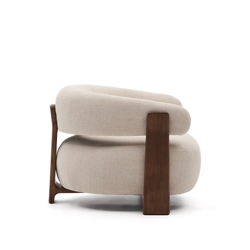 Granite beige chenille armchair with solid ash wood legs in a walnut finish FSC 100%