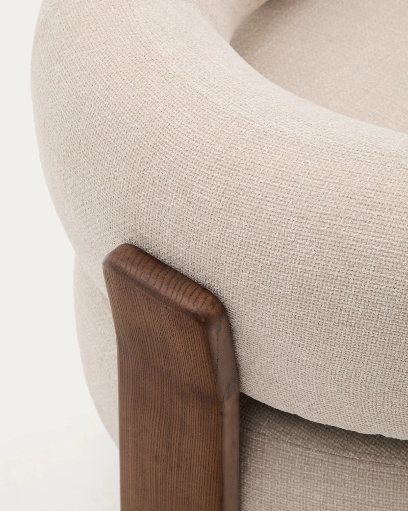 Granite beige chenille armchair with solid ash wood legs in a walnut finish FSC 100%