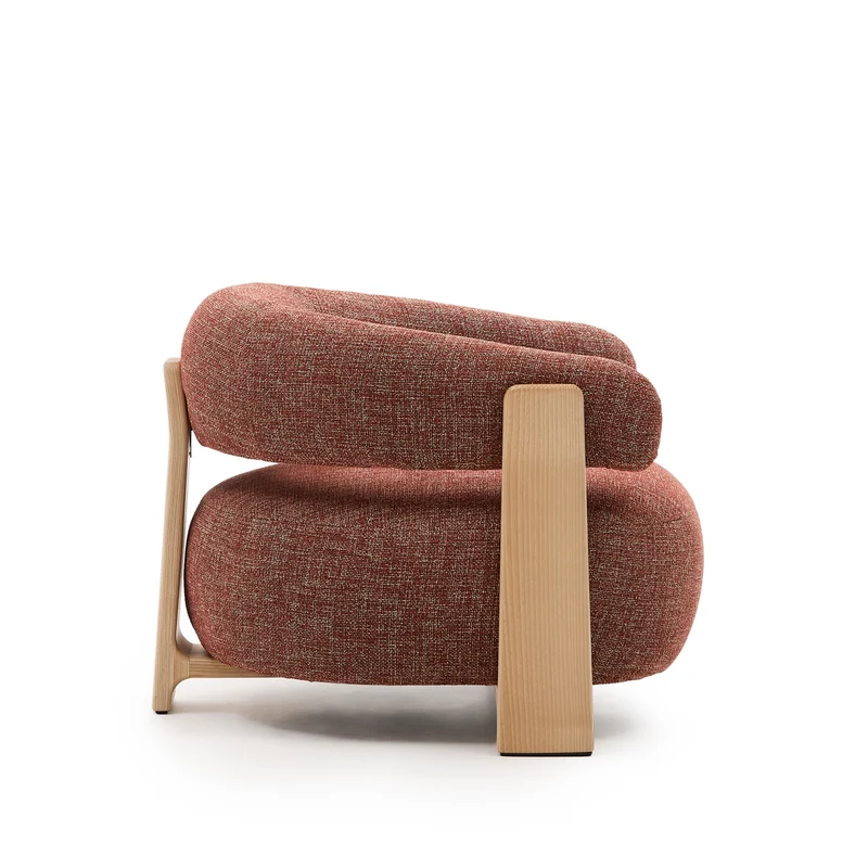 Granite terracotta chenille armchair with solid ash wood legs in a natural tone finish FSC 100%
