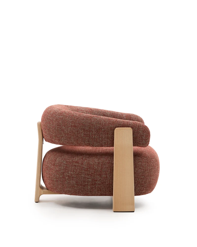 Granite terracotta chenille armchair with solid ash wood legs in a natural tone finish FSC 100%