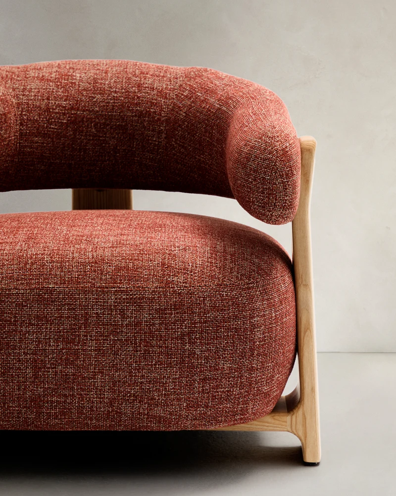 Granite terracotta chenille armchair with solid ash wood legs in a natural tone finish FSC 100%