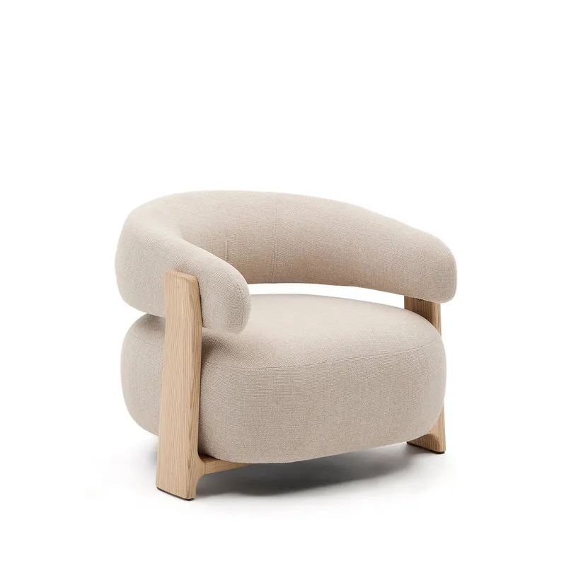 Granite beige chenille armchair with solid ash wood legs in a natural tone finish FSC 100%