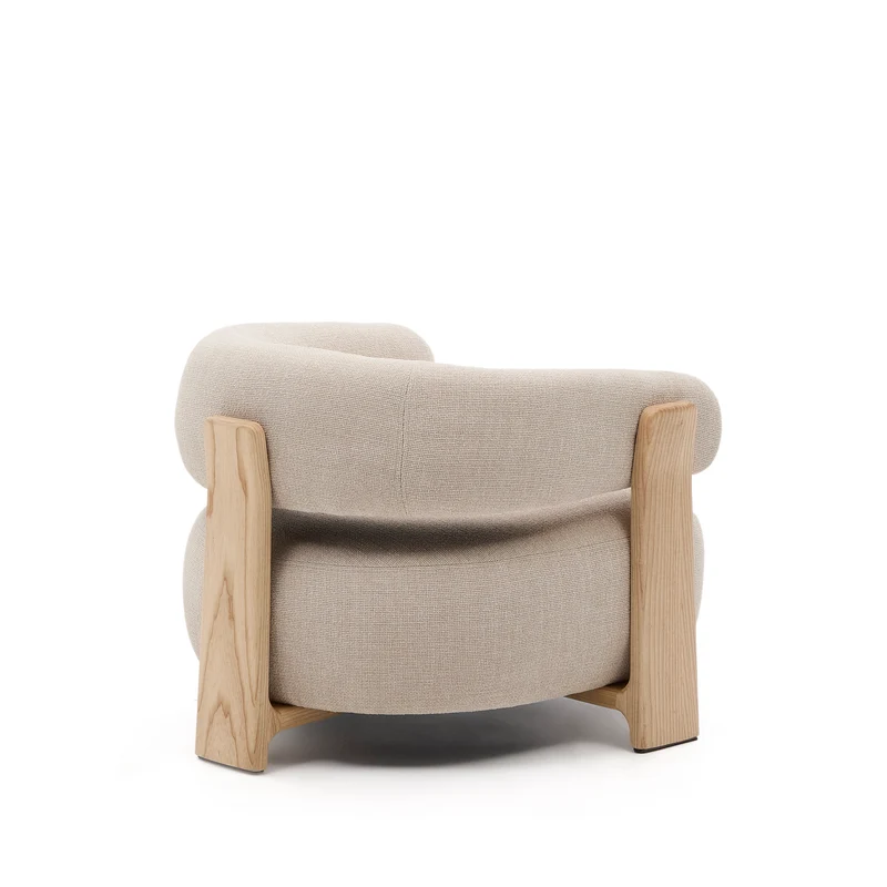 Granite beige chenille armchair with solid ash wood legs in a natural tone finish FSC 100%