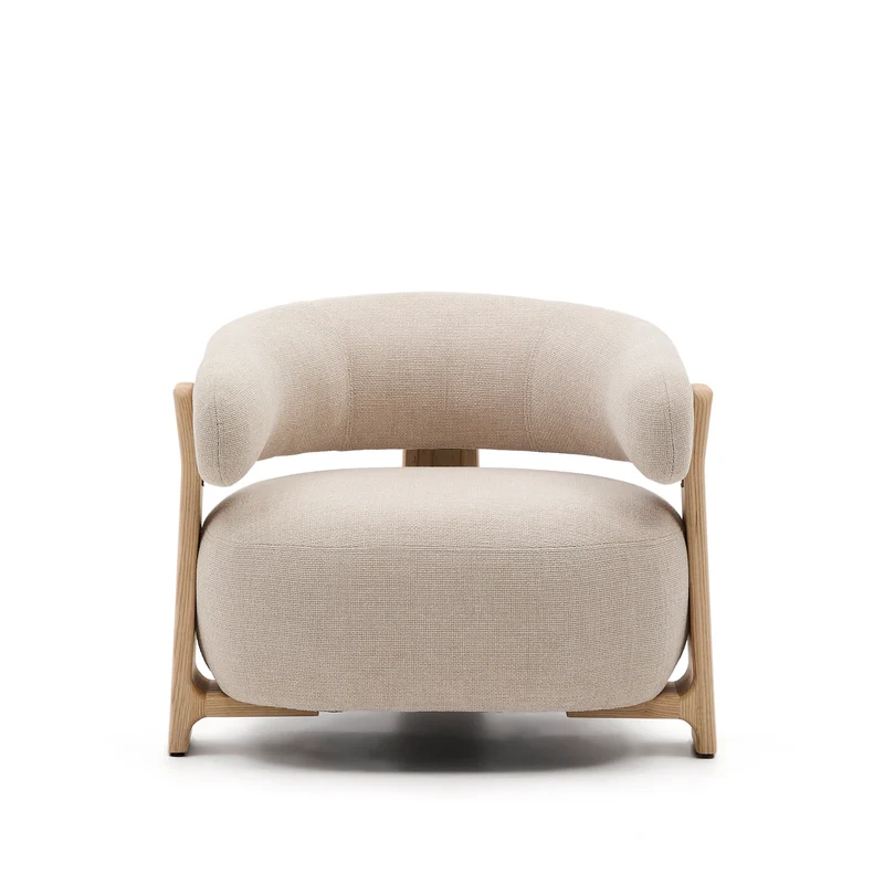 Granite beige chenille armchair with solid ash wood legs in a natural tone finish FSC 100%