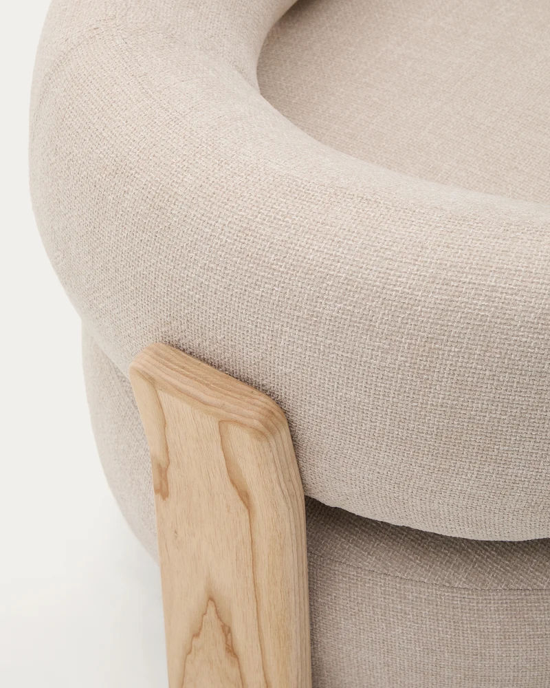 Granite beige chenille armchair with solid ash wood legs in a natural tone finish FSC 100%