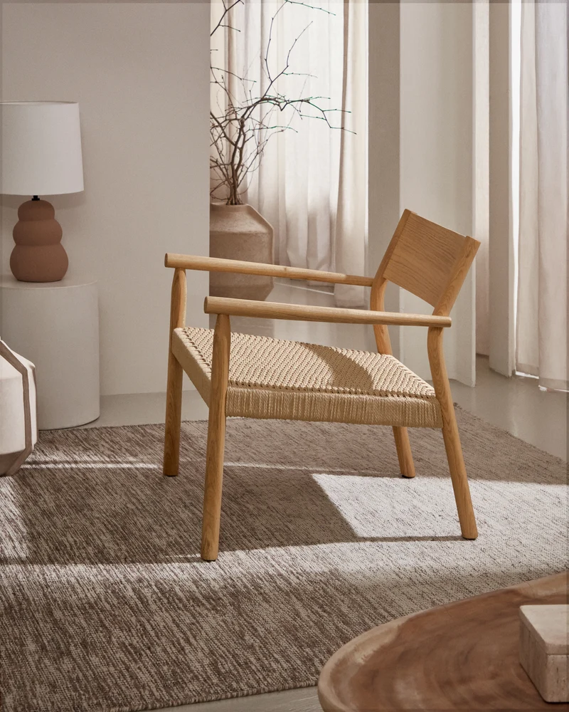 Yalia armchair in natural solid oak with paper rope seat