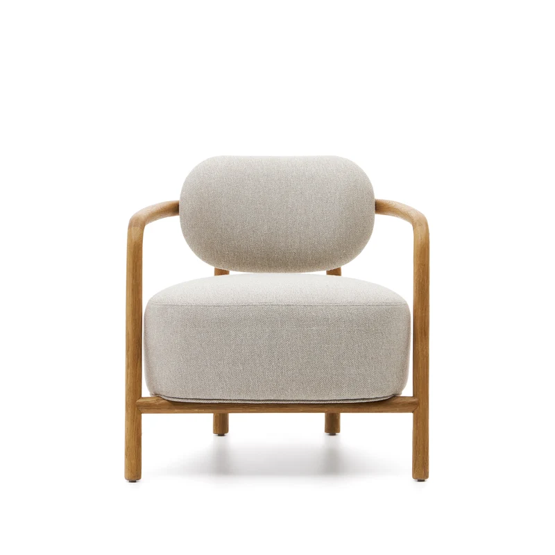 Melqui beige armchair in solid oak wood with a natural finish