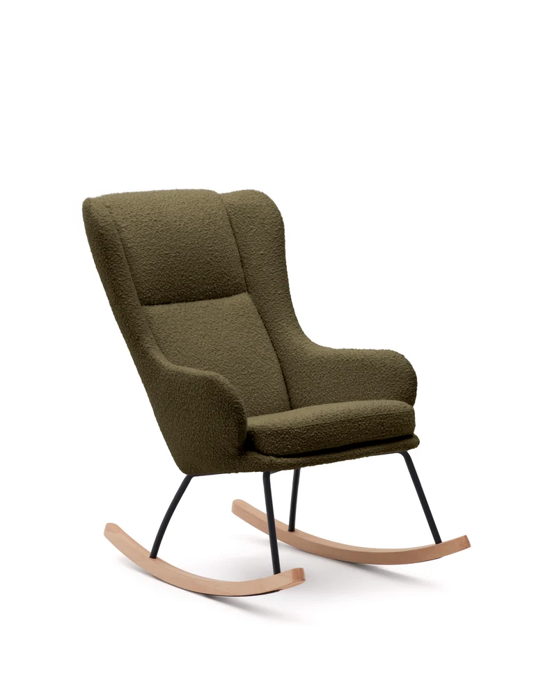 Maustin rocking chair in green bouclé with a dark green steel structure and beech wood