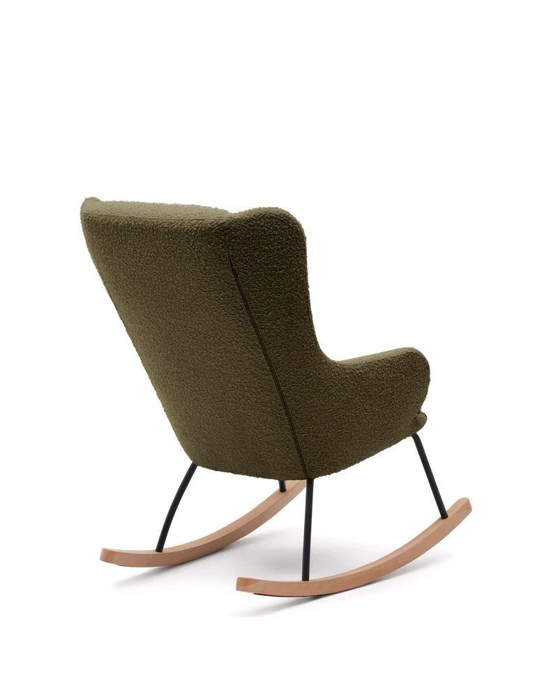 Maustin rocking chair in green bouclé with a dark green steel structure and beech wood