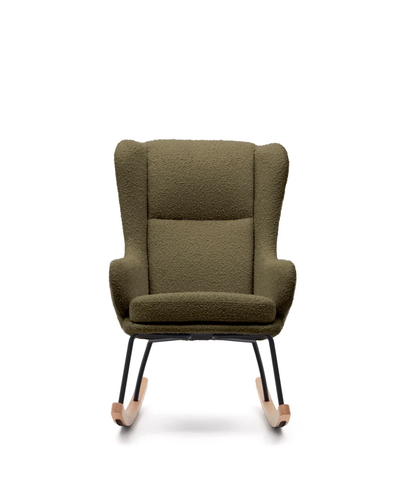 Maustin rocking chair in green bouclé with a dark green steel structure and beech wood
