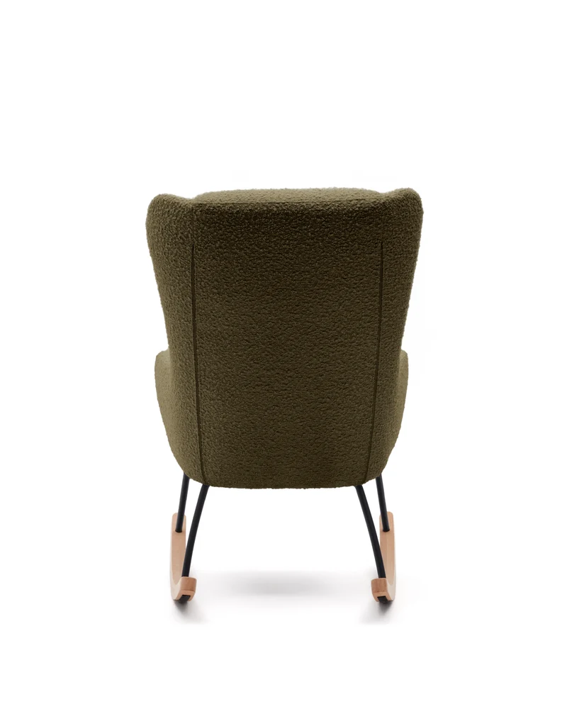 Maustin rocking chair in green bouclé with a dark green steel structure and beech wood