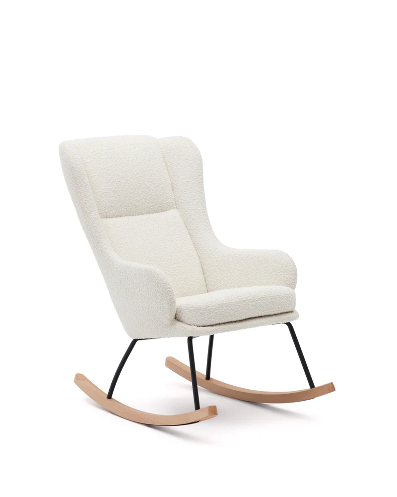 Maustin rocking chair in white bouclé with a black steel structure and beech wood