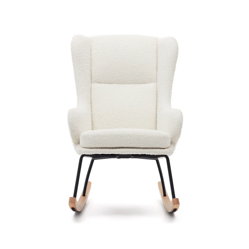 Maustin rocking chair in white bouclé with a black steel structure and beech wood