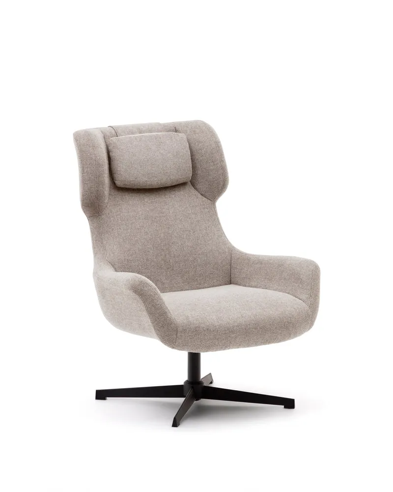 Zalina swivel armchair in beige chenille and steel with black finish FSC 100%