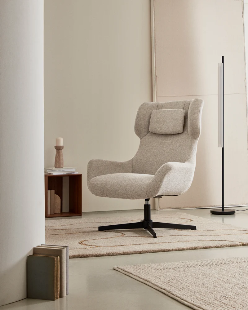 Zalina swivel armchair in beige chenille and steel with black finish FSC 100%