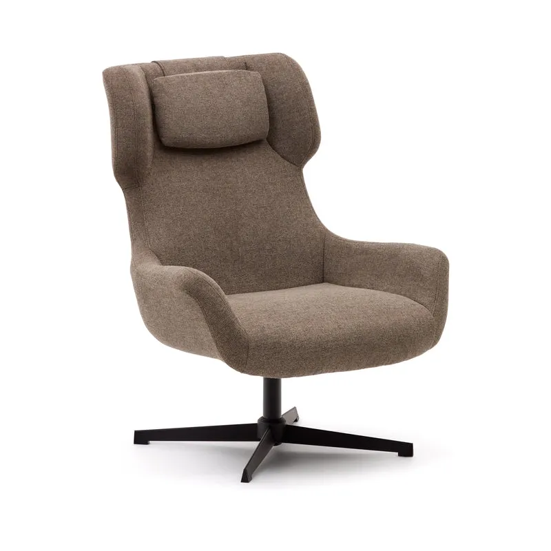 Zalina swivel armchair in light brown chenille and steel with black finish FSC 100%