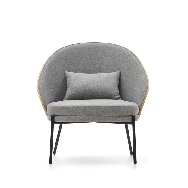 Eamy light grey armchair in an ash wood veneer with a natural finish and black metal
