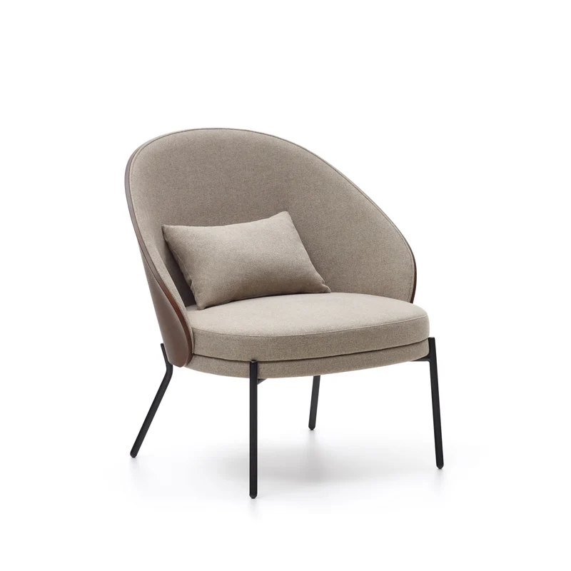 Eamy light brown armchair in an ash wood veneer with a walnut finish and black metal