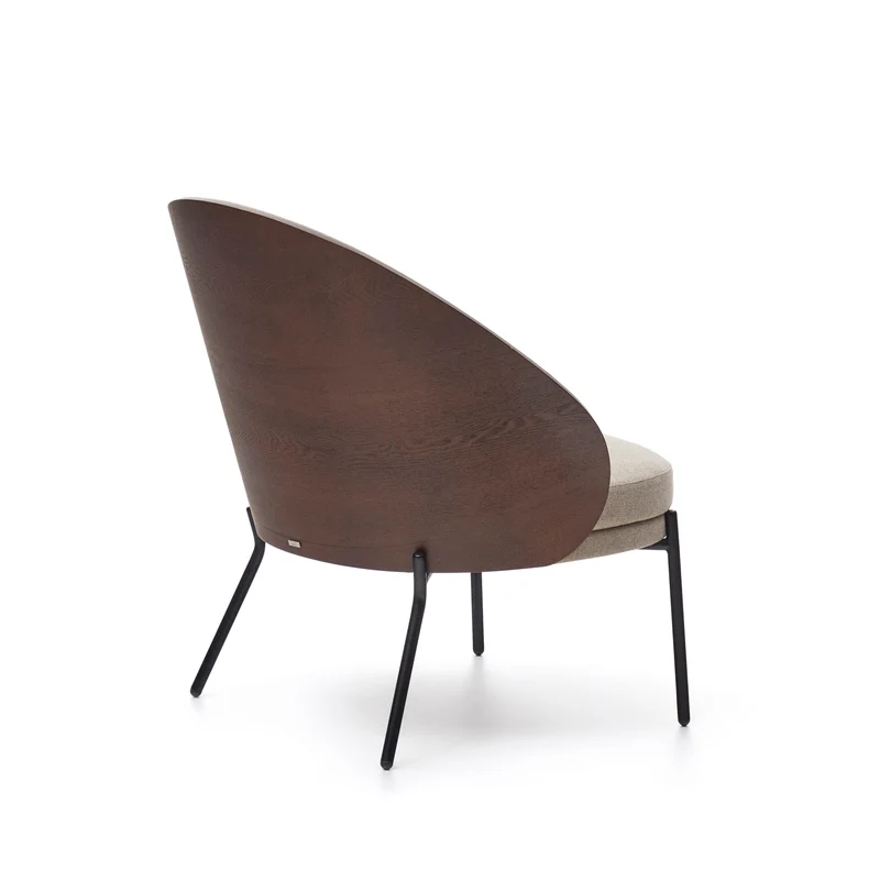 Eamy light brown armchair in an ash wood veneer with a walnut finish and black metal