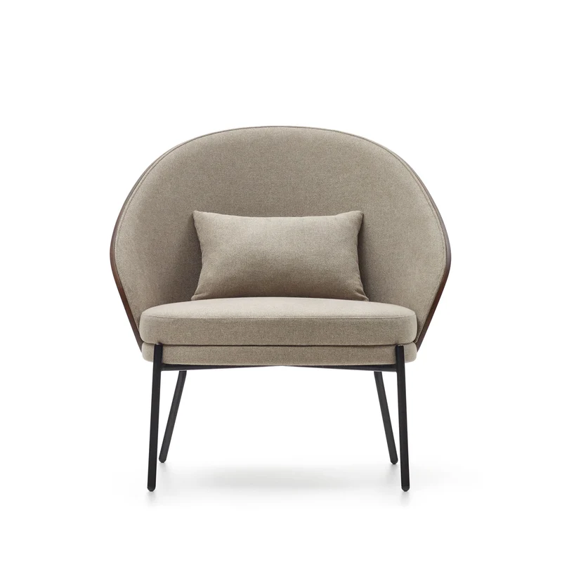Eamy light brown armchair in an ash wood veneer with a walnut finish and black metal