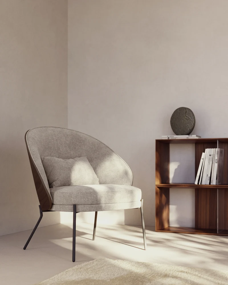Eamy light brown armchair in an ash wood veneer with a walnut finish and black metal