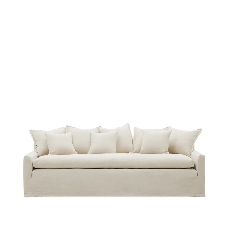 Zenira 3-seater sofa cover with cushions in beige cotton and linen 230cm