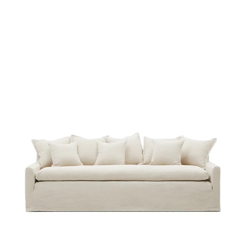 Zenira 3-seater sofa with removable cover and cushions in beige cotton and linen 230cm