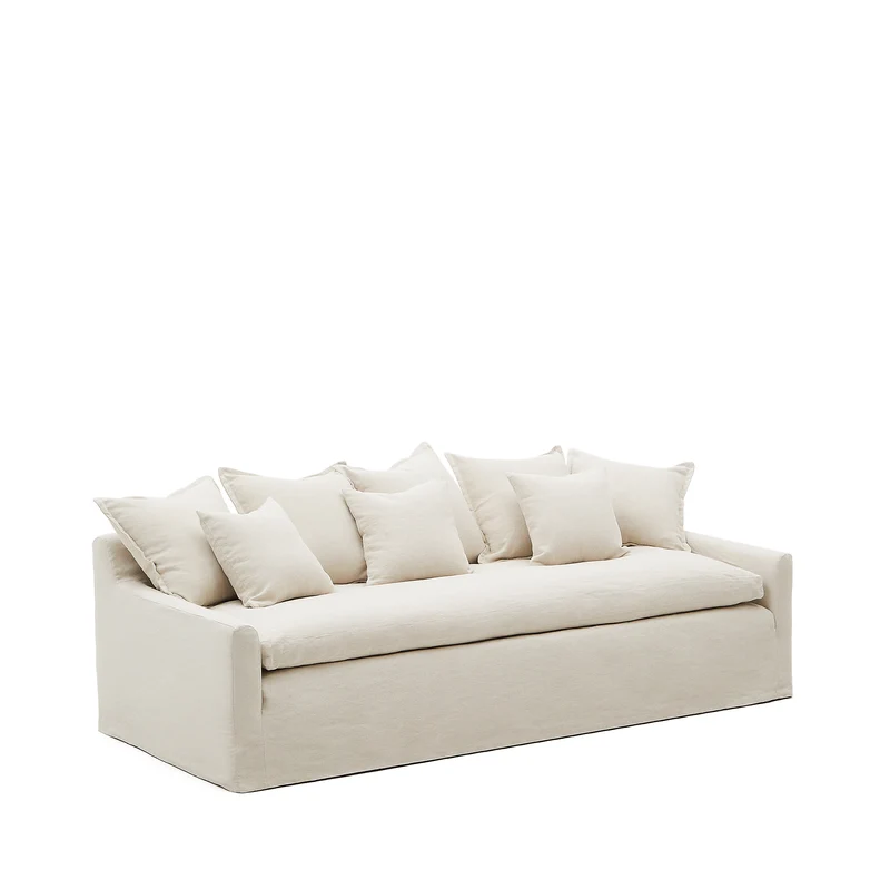Zenira 3-seater sofa with removable cover and cushions in beige cotton and linen 230cm