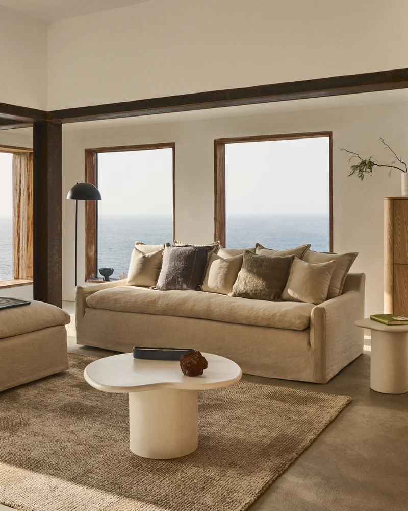 Zenira 3-seater sofa with removable cover and cushions in beige cotton and linen 230cm